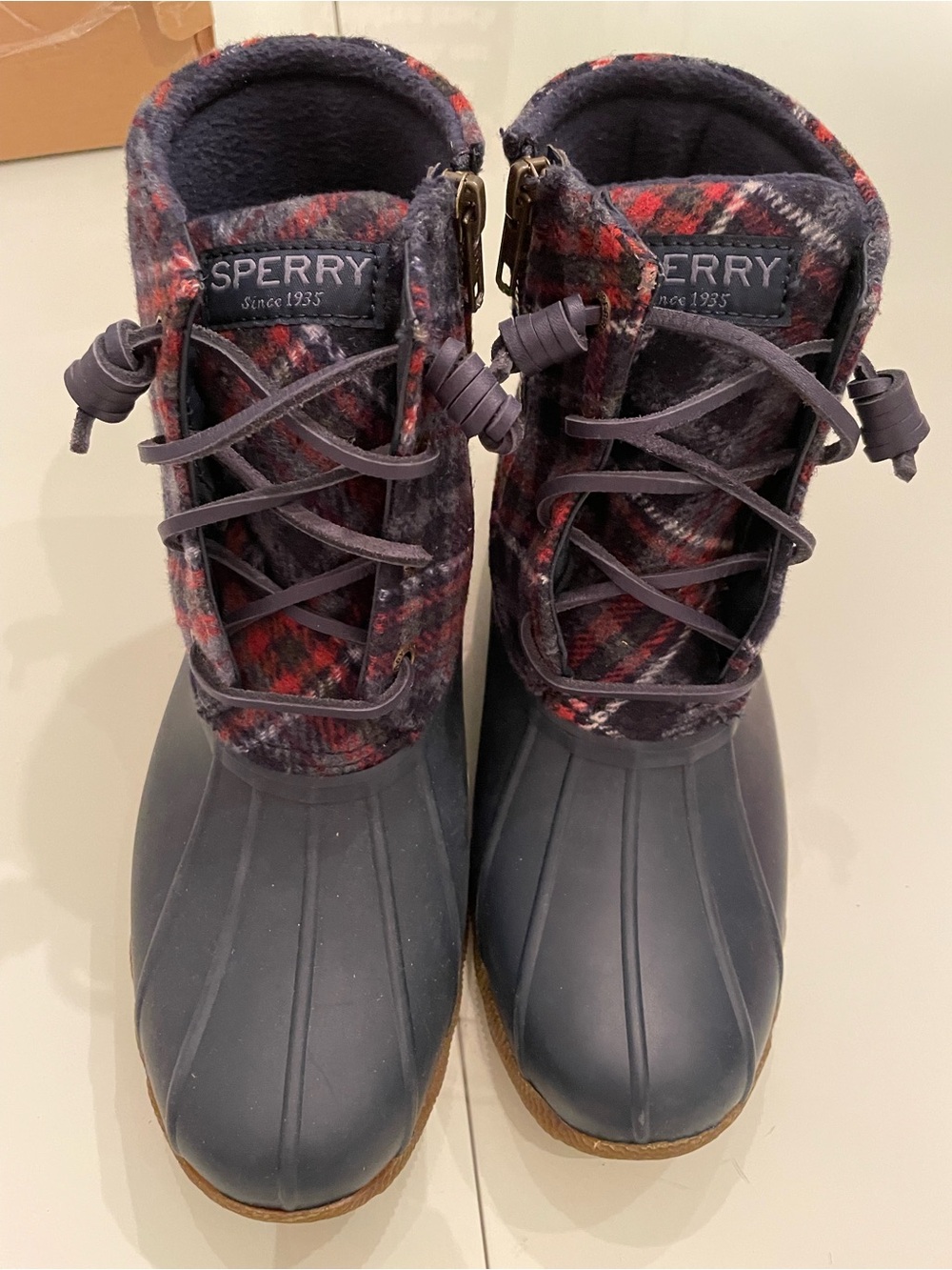 Sperry Navy Plaid Lined Duck Boots